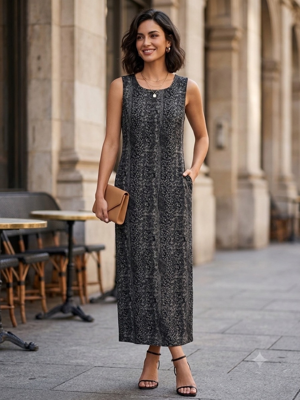 Vintage Northern Reflections Sleeveless Black Patterned Maxi Dress